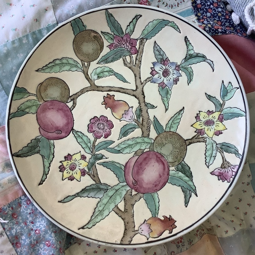 Vintage Ironstone Dinner Wall Plate Plums Branch Floral Turquoise Aqua Blue